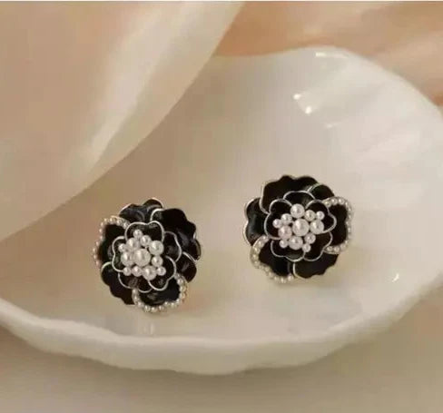 Enamelled Rose Pearl Stud Earrings