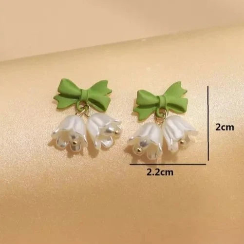 White Lily Flower Green Bow Earrings