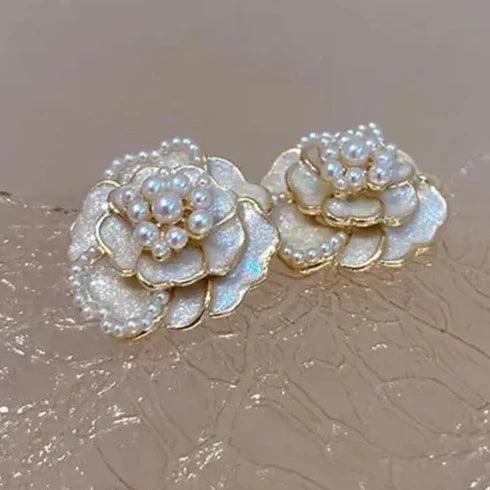 Enamelled Rose Pearl Stud Earrings