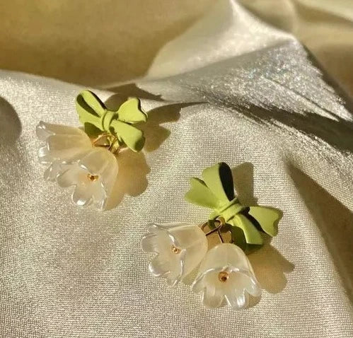 White Lily Flower Green Bow Earrings