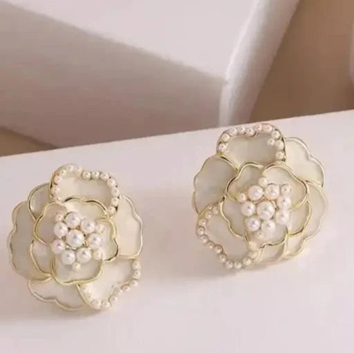 Enamelled Rose Pearl Stud Earrings