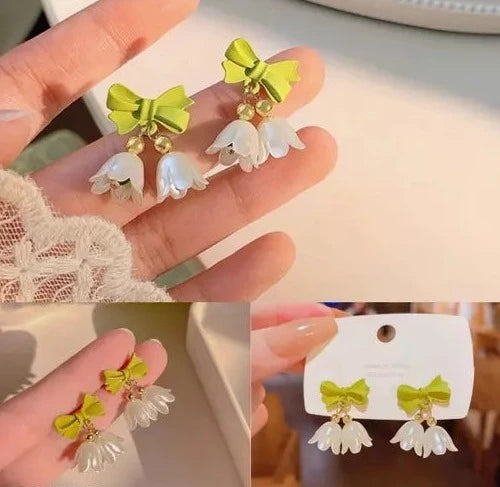 White Lily Flower Green Bow Earrings